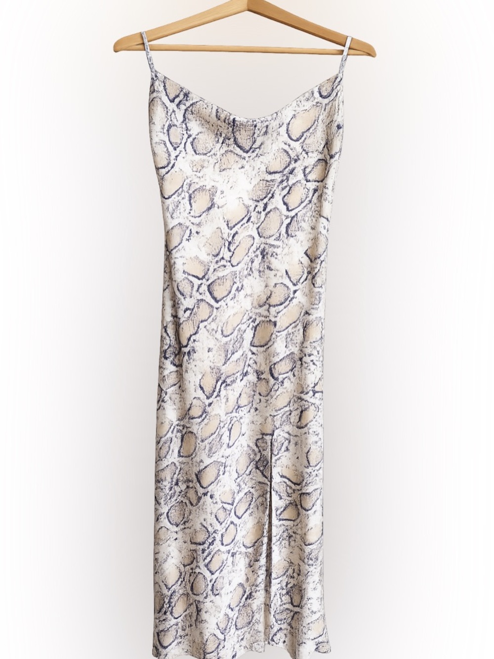 Snake Print Slip Midi Dress Neutral Satin Cowl Neck Minimal Chic Size Medium